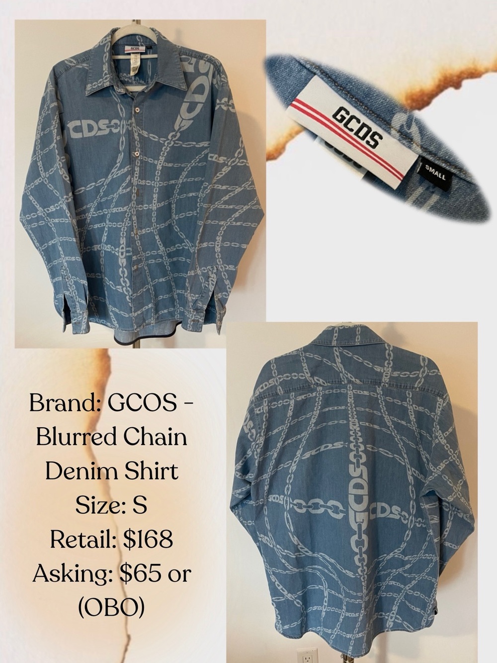 Blue Chain-Print Denim Button-Down Shirt